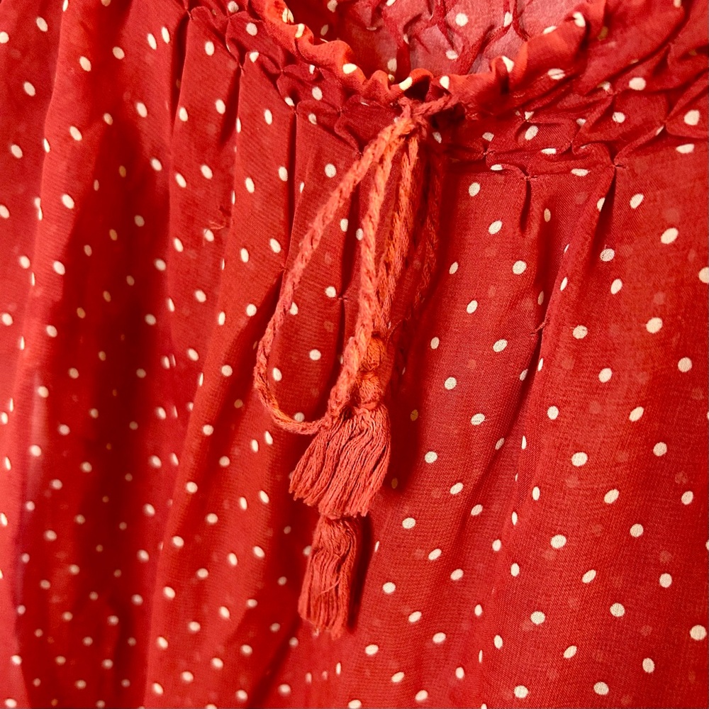 Vintage Cherry Red & White Polka Dot Blouse Shirred Scoop Neck Top Tassel Ties M - Picture 4 of 9